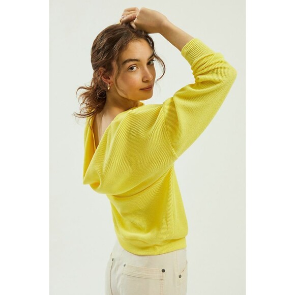 Yellow Anthropologie Maeve Boatneck Ribbed Textured Draped Low Back Top (NWT) - Picture 4 of 5